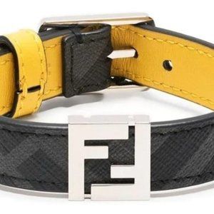 FENDI 'FF Metal Logo Reversible Bracelet' Men's Canvas & Leather M Gry/Ylw NWT!
